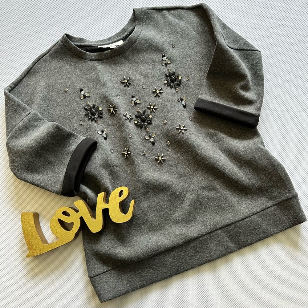 LOFT. Embellished gray short sleeve crew neck sweatshirt